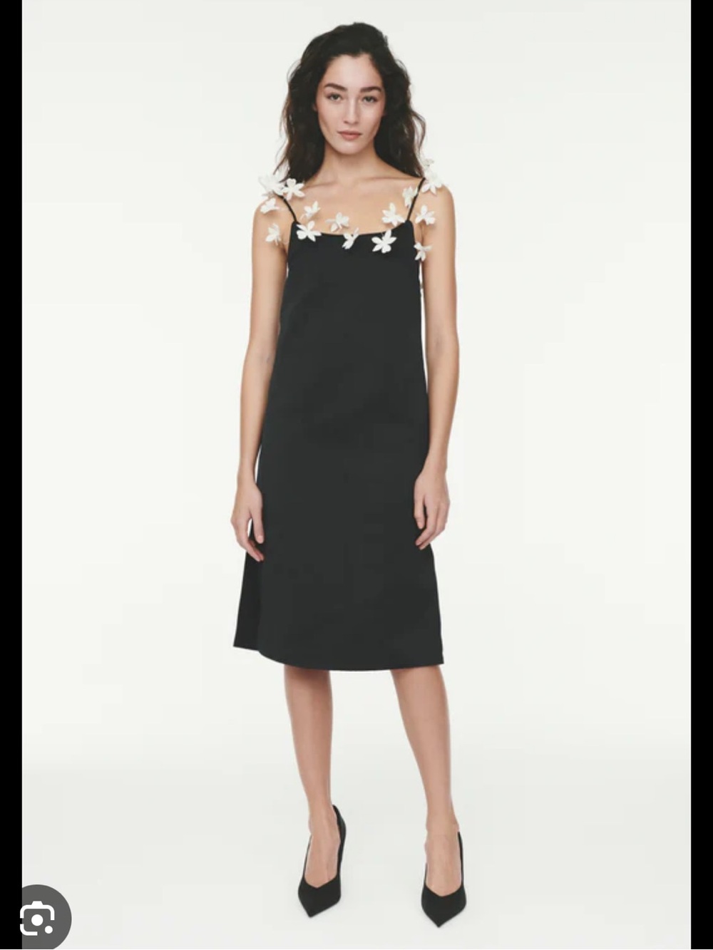 Rosie Assoulin Black Midi Slip Dress with White Floral Shoulder Appliqués